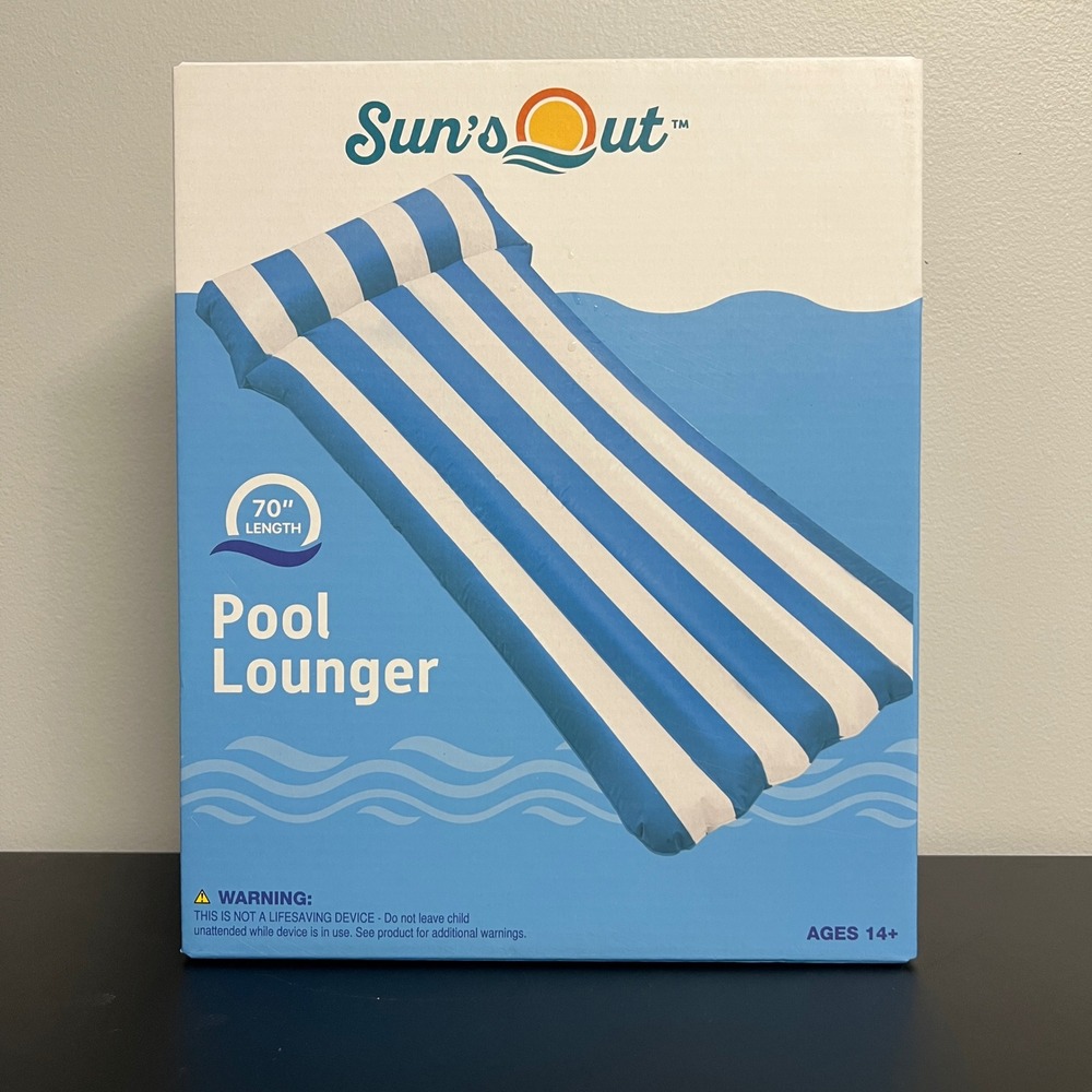 Suns Out Pool Lounger Float 70 In Inflatable Blue White Cabana Stripe New in Box